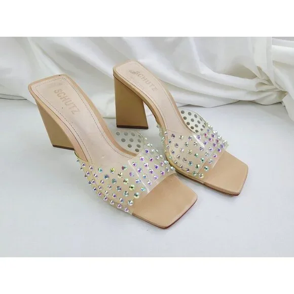 Schutz Size 10B Womens Lizah Crystal Slip On Studded Open Square Toe Heels - Picture 11 of 14